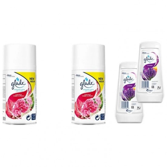 Pachet Promo: 2x Glade Odorizant Spray Rezerva Cherry Peony 269ml + 2x Gel Odorizant Glade Lavanda 150 G