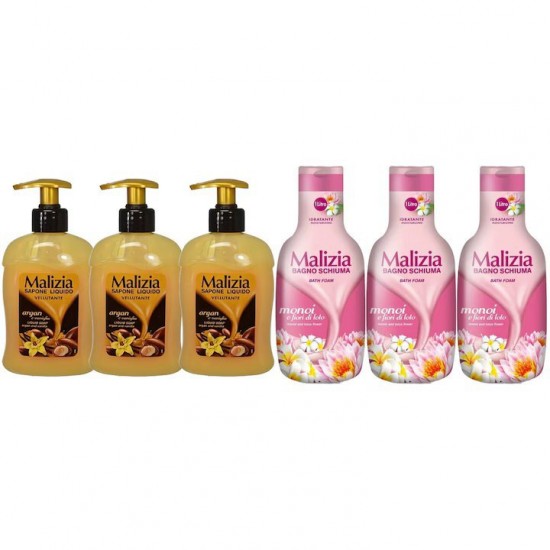 Pachet Promo: 3x Sapun Lichid Malizia Vanilie Si Argan 300 Ml + 3x Spumant De Baie Malizia Cu Fiori Di Lotto 1l