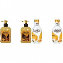 Pachet Promo: 2x Sapun Lichid Malizia Vanilie Si Argan 300 Ml + 2x Spumant De Baie Malizia Cu Miere Si Ghimbir 1l