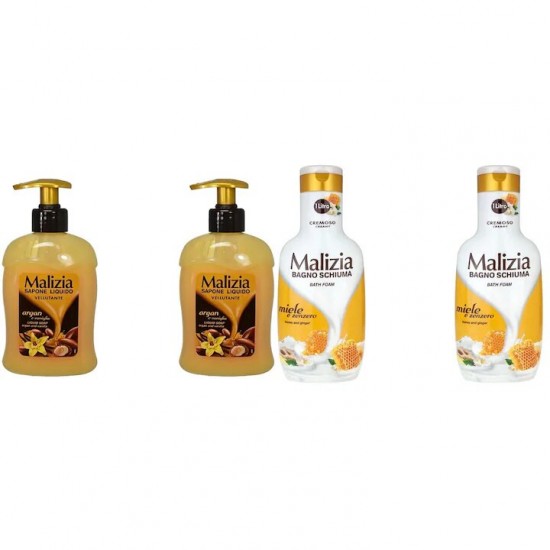 Pachet Promo: 2x Sapun Lichid Malizia Vanilie Si Argan 300 Ml + 2x Spumant De Baie Malizia Cu Miere Si Ghimbir 1l