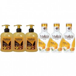 Pachet Promo: 3x Sapun Lichid Malizia Vanilie Si Argan 300 Ml + 3x Spumant De Baie Malizia Cu Miere Si Ghimbir 1l