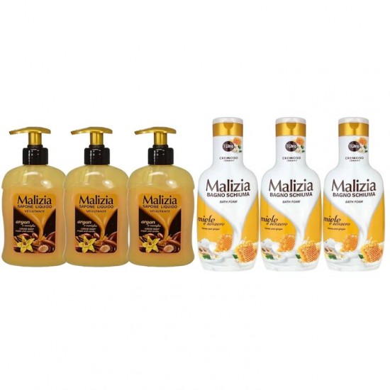 Pachet Promo: 3x Sapun Lichid Malizia Vanilie Si Argan 300 Ml + 3x Spumant De Baie Malizia Cu Miere Si Ghimbir 1l