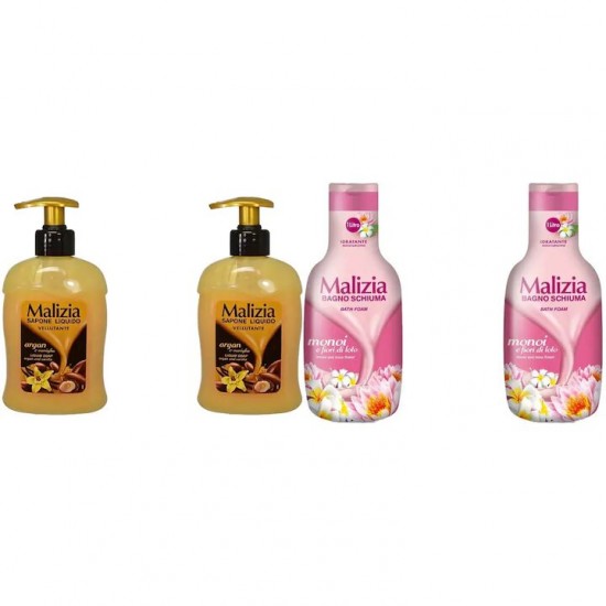 Pachet Promo: 2x Sapun Lichid Malizia Vanilie Si Argan 300 Ml + 2x Spumant De Baie Malizia Cu Fiori Di Lotto 1l