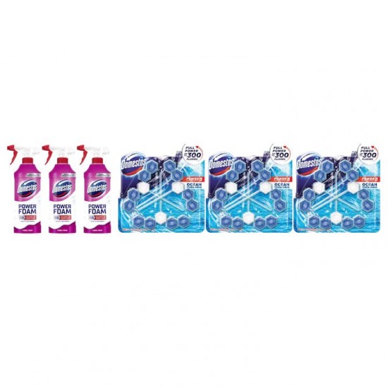 Pachet Promo: 3x Domestos Spray Spuma Baie Floral 435 Ml + 3x Domestos Power 5 Ocean 3x55 G