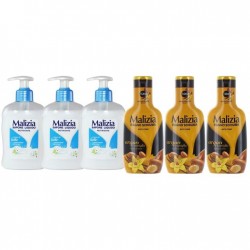 Pachet Promo: 3x Sapun Lichid Malizia Crema De Lapte 300 Ml + 3x Spumant De Baie Malizia Cu Ulei De Argan Si Vanilie 1l