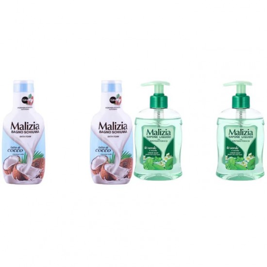 Pachet Promo: 2x Sapun Lichid Malizia Ceai Verde Si Menta 300 Ml + 2x Spumant De Baie Malizia  Latte Di Cocco 1l