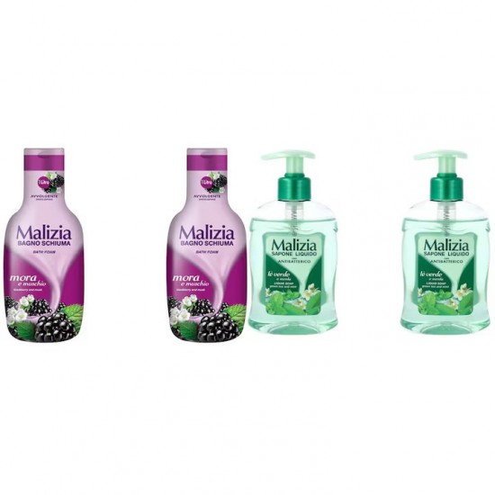 Pachet Promo: 2x Sapun Lichid Malizia Ceai Verde Si Menta 300 Ml + 2x Spumant De Baie Malizia  Cu Mure Mora1l