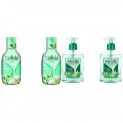 Pachet Promo: 2x Sapun Lichid Malizia Ceai Verde Si Menta 300 Ml + 2x Spumant De Baie Malizia  Cu Mosc Alb 1l