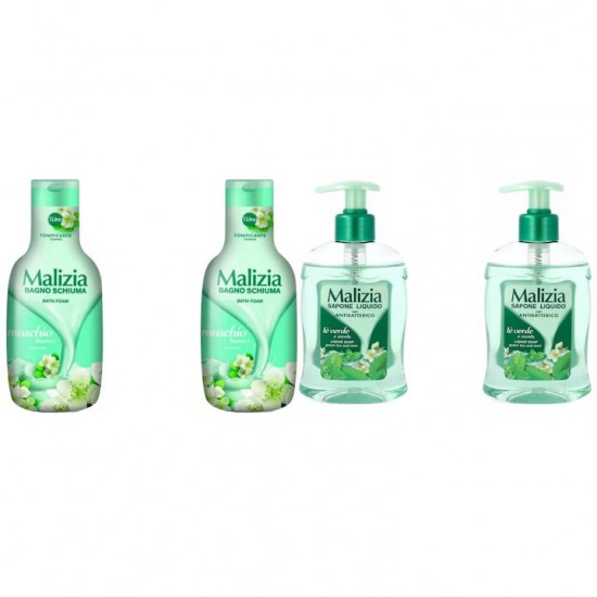 Pachet Promo: 2x Sapun Lichid Malizia Ceai Verde Si Menta 300 Ml + 2x Spumant De Baie Malizia  Cu Mosc Alb 1l