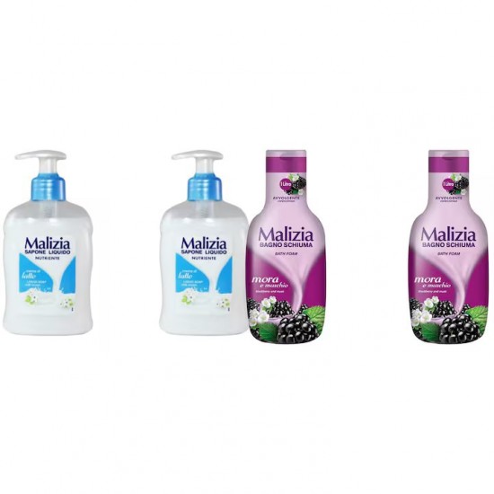 Pachet Promo: 2x Sapun Lichid Malizia Crema De Lapte 300 Ml + 2x Spumant De Baie Malizia Mure Mora 1l