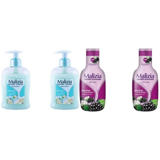 Pachet Promo: 2x Sapun Lichid Malizia  Muschio Bianco 300 Ml + 2x Spumant De Baie Malizia  Cu Mure Mora1l