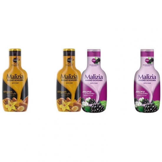 Pachet Promo: 2x Spumant De Baie Malizia Cu Ulei De Argan Si Vanilie + 2x Spumant De Baie Malizia Cu Mure Mora 1l