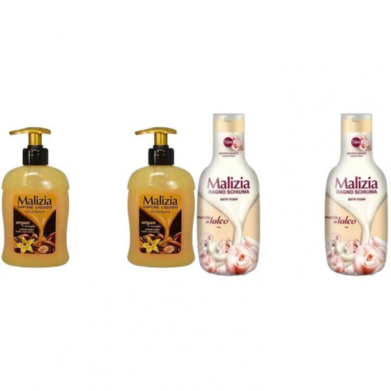 Pachet Promo: 2x Sapun Lichid Malizia Vanilie Si Argan 300 Ml + 2x Spumant De Baie Malizia Talco 1l