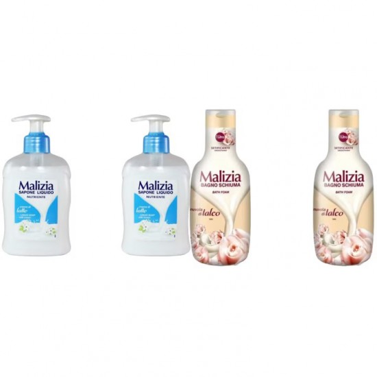 Pachet Promo: 2x Sapun Lichid Malizia Crema De Lapte 300 Ml + 2x Spumant De Baie Malizia Talco 1l