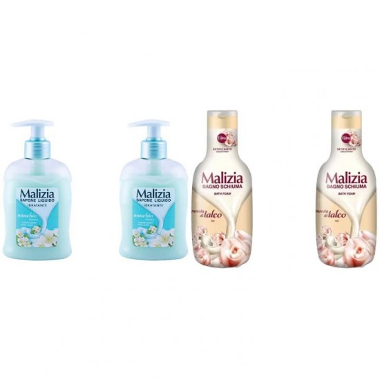 Pachet Promo: 2x Sapun Lichid Malizia  Muschio Bianco 300 Ml + 2x Spumant De Baie Malizia  Talco 1l