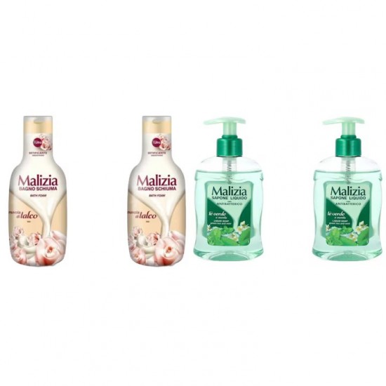 Pachet Promo: 2x Sapun Lichid Malizia Ceai Verde Si Menta 300 Ml + 2x Spumant De Baie Malizia Talco 1l