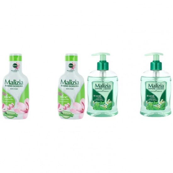 Pachet Promo: 2x Sapun Lichid Malizia Ceai Verde Si Menta 300 Ml + 2x Spumant De Baie Cu Aloe & Magnolia 1l