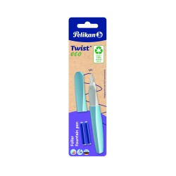 Stilou Pelikan Twist ECO, culori asortate (albastru, lavandă, roz, gri) grip ergonomic, 2 patroane albastre, Ambalat in Blister