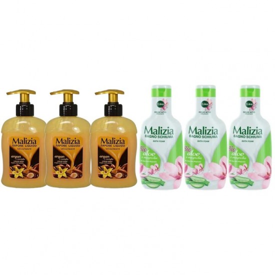 Pachet Promo: 3x Sapun Lichid Malizia Vanilie Si Argan 300 Ml + 3x Spumant De Baie Malizia Cu Aloe & Magnolia 1l