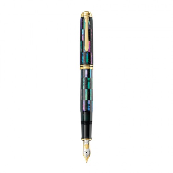 Stilou Souveran M1000 M Editie Limitata Raden Black Infinity, Penita Aur 18k, Corp Lucrat Manual Innobilat Cu Particule De Scoica Abalone, Cutie Cadou Din Lemn De Paulownia