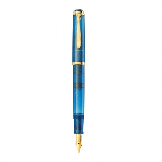 Stilou Classic M200 F, Cu Piston, Penita Din Otel Inoxidabil Placat Cu Aur, Accesorii Placate Cu Aur, Corp Golden Lapis, In Cutie Cadou