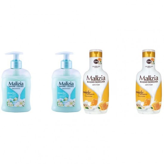 Pachet Promo: 2x Sapun Lichid Malizia  Muschio Bianco 300 Ml + 2x Spumant De Baie Malizia Cu Miere Si Ghimbir 1l