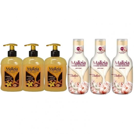 Pachet Promo: 3x Sapun Lichid Malizia Vanilie Si Argan 300 Ml + 3x Spumant De Baie Malizia Talco 1l