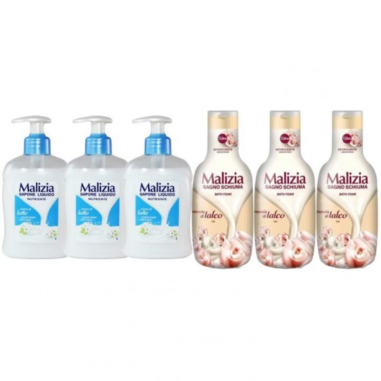 Pachet Promo: 3x Sapun Lichid Malizia Crema De Lapte 300 Ml + 3x Spumant De Baie Malizia Talco 1l