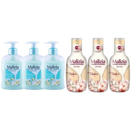 Pachet Promo: 3x Sapun Lichid Malizia  Muschio Bianco 300 Ml + 3x Spumant De Baie Malizia  Talco 1l