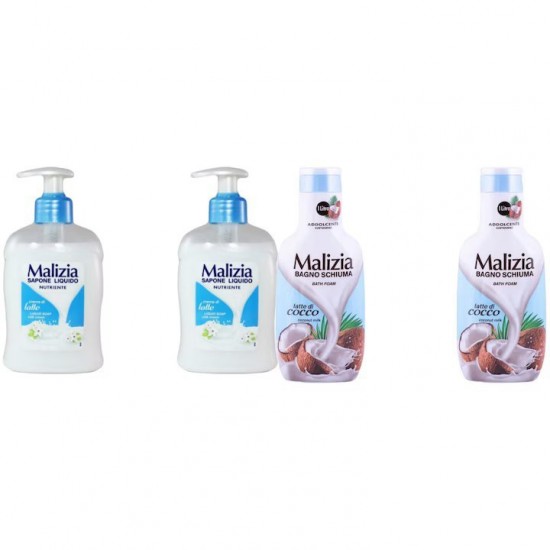 Pachet Promo: 2x Sapun Lichid Malizia Crema De Lapte 300 Ml + 2x Spumant De Baie Malizia Latte Di Cocco 1l
