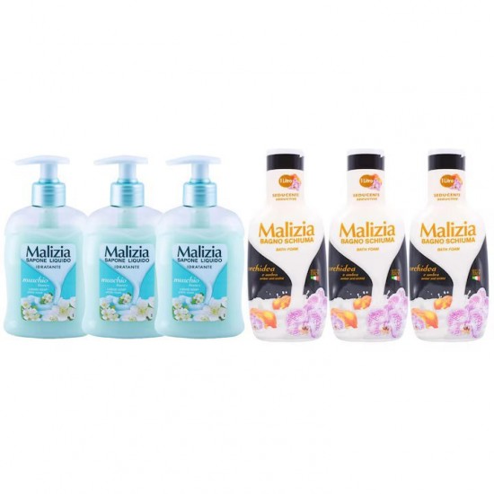 Pachet Promo: 3x Sapun Lichid Malizia  Muschio Bianco 300 Ml + 3x Spumant De Baie Malizia  Cu Orhidea & Ambra 1l