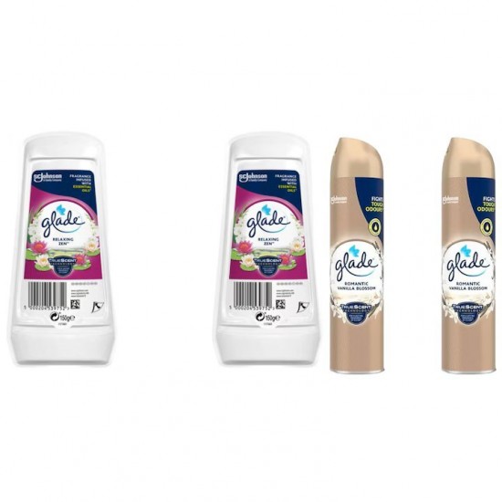 Pachet Promo: 2x Gel Odorizant Glade Relaxing Zen 150 G + 2x Glade Odorizant Spray Romantic Vanilla 300ml