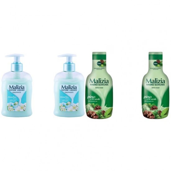 Pachet Promo: 2x Sapun Lichid Malizia  Muschio Bianco 300 Ml + 2x Spumant De Baie Malizia Pino 1l