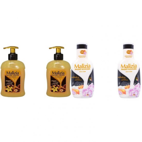 Pachet Promo: 2x Sapun Lichid Malizia Vanilie Si Argan 300 Ml + 2x Spumant De Baie Malizia Orhidea & Ambra 1l