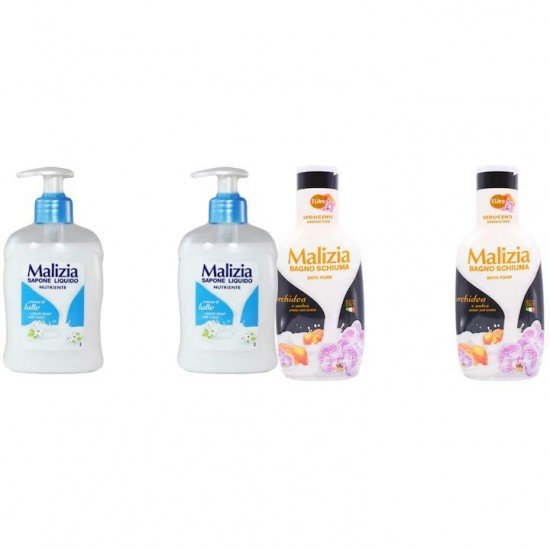 Pachet Promo: 2x Sapun Lichid Malizia Crema De Lapte 300 Ml + 2x Spumant De Baie Malizia Cu Orhidea & Ambra 1l