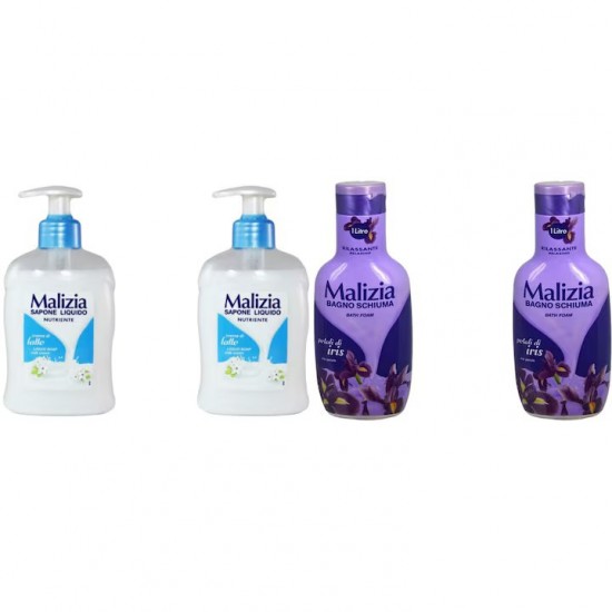 Pachet Promo: 2x Sapun Lichid Malizia Crema De Lapte 300 Ml + 2x Spumant De Baie Malizia Cu Petale De Iris 1l