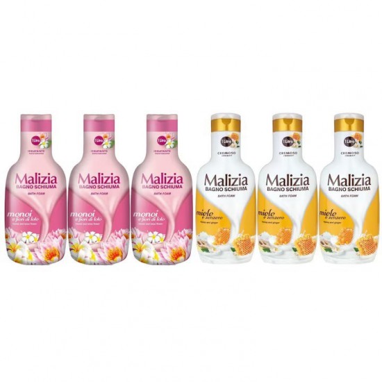 Pachet Promo: 3x Spumant De Baie Malizia Cu Miere Si Ghimbir 1l + 3x Spumant De Baie Malizia Cu Petale De Iris 1l