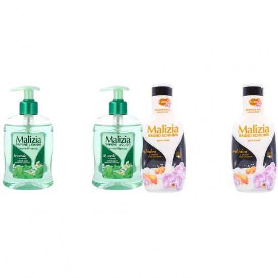 Pachet Promo: 2x Sapun Lichid Malizia Ceai Verde Si Menta 300 Ml + 2x Spumant De Baie Malizia  Orhidea & Ambra 1l