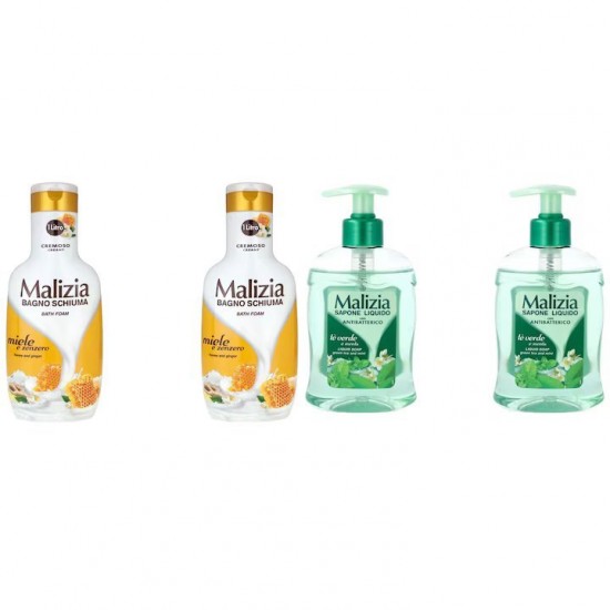 Pachet Promo: 2x Sapun Lichid Malizia Ceai Verde Si Menta 300 Ml + 2x Spumant De Baie Cu Miere Si Ghimbir 1l