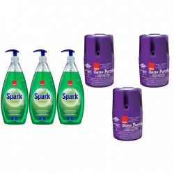 Pachet Promo: 3x Sano Purple 150g + 3x Sano Spark Detergent Lichid Pentru Vase Parfum De Castravete Si Lamaie 1 L