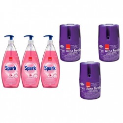 Pachet Promo: 3x Sano Purple 150g + 3x Sano Spark Detergent Lichid Pentru Vase Parfum Flori De Migdale 1 L