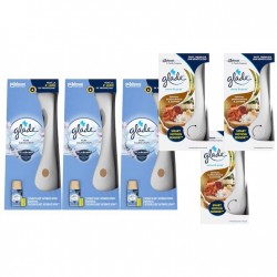 Pachet Promo: 3x  Odorizant De Camera Glade Aparat & Rezerva Clean Linen 269 Ml + 3x Set Odorizant Electric Sense&spray Plus Rezerva Glade Sandalwood Si Jasmine 18 Ml