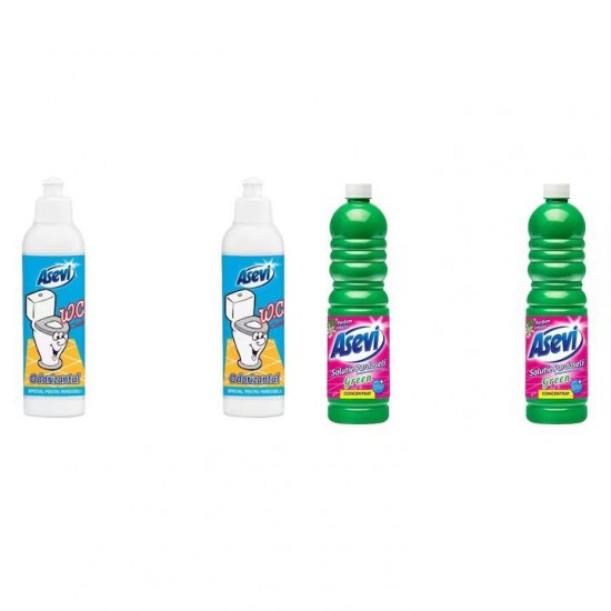 Pachet Promo: 2x Solutie Pardoseli Asevi 1l Green + 2x Asevi Odorizant Lichid 24h Wc Clasic, 200ml