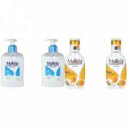 Pachet Promo: 2x Sapun Lichid Malizia Crema De Lapte 300 Ml + 2x Spumant De Baie Malizia Cu Miere Si Ghimbir 1l