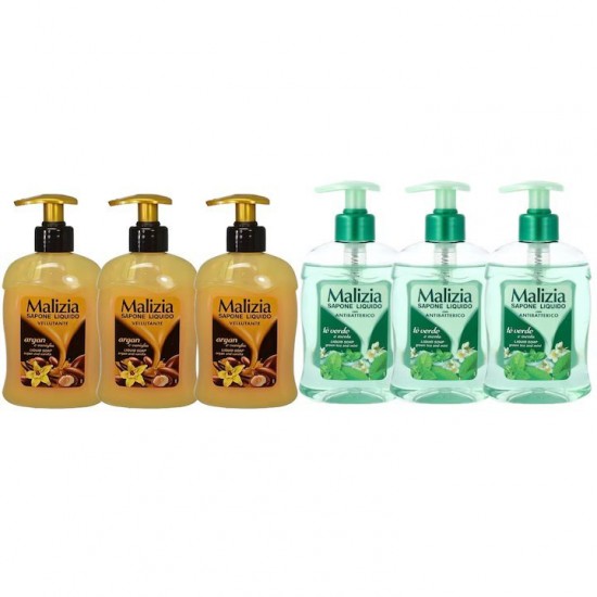 Pachet Promo: 3x Sapun Lichid Malizia  Vanilie Si Argan 300 Ml + 3x Sapun Lichid Malizia Ceai Verde Si Menta 300 Ml