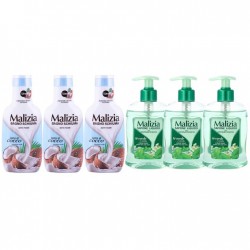 Pachet Promo: 3x Sapun Lichid Malizia Ceai Verde Si Menta 300 Ml + 3x Spumant De Baie Malizia  Latte Di Cocco 1l
