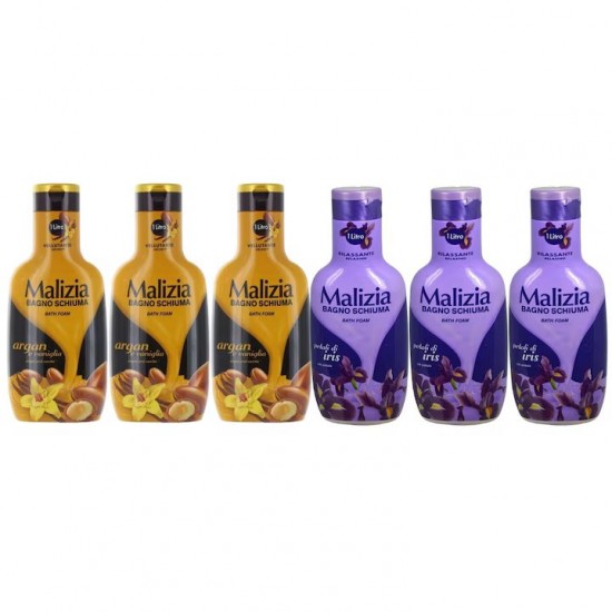 Pachet Promo: 3x Spumant De Baie Malizia Cu Ulei De Argan Si Vanilie + 3x Spumant De Baie Malizia Cu Petale De Iris 1l