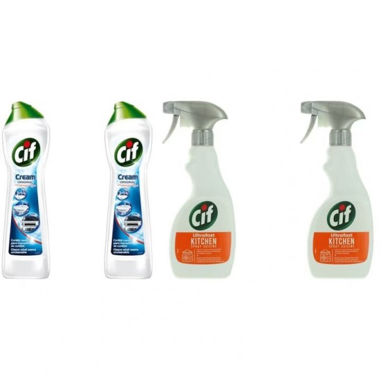 Pachet Promo: 2x Solutie Cif Cream Original 500 Ml + 2x Cif Spray Bucatarie 500 Ml