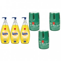 Pachet Promo: 3x Sano Green 150g + 3x Sano Spark Detergent Lichid Pentru Vase Parfum De Lamaie 1 L