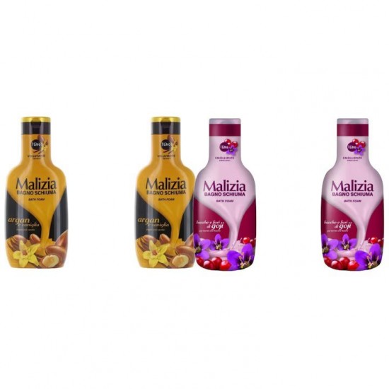 Pachet Promo: 2x Spumant De Baie Malizia Cu Ulei De Argan Si Vanilie + 2x Spumant De Baie Malizia Cu Goji Si Flori De Goji 1l